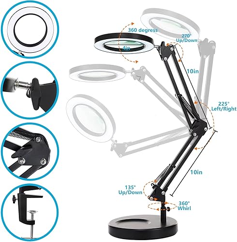Miniatura 5 de KIRKAS Lupa 10X con luz y soporte, lámpara de escritorio LED regulable sin escalones 2 en 1 con abrazadera, 3 modos de color, lupa iluminada, luz