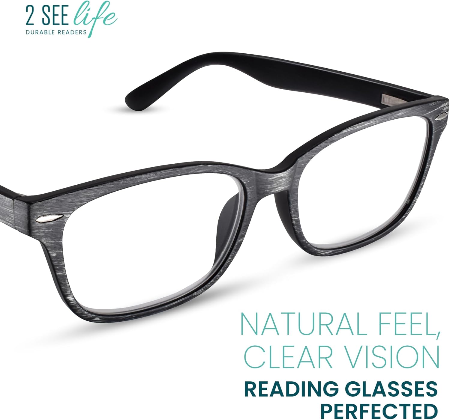 2SeeLife Wood Tone TR-90 Reading Glasses for Men – Medium-Wide Fit, Durable & Sturdy Frame, Spring Hinges, Premium Readers, Gray, +1.50 - Image 2