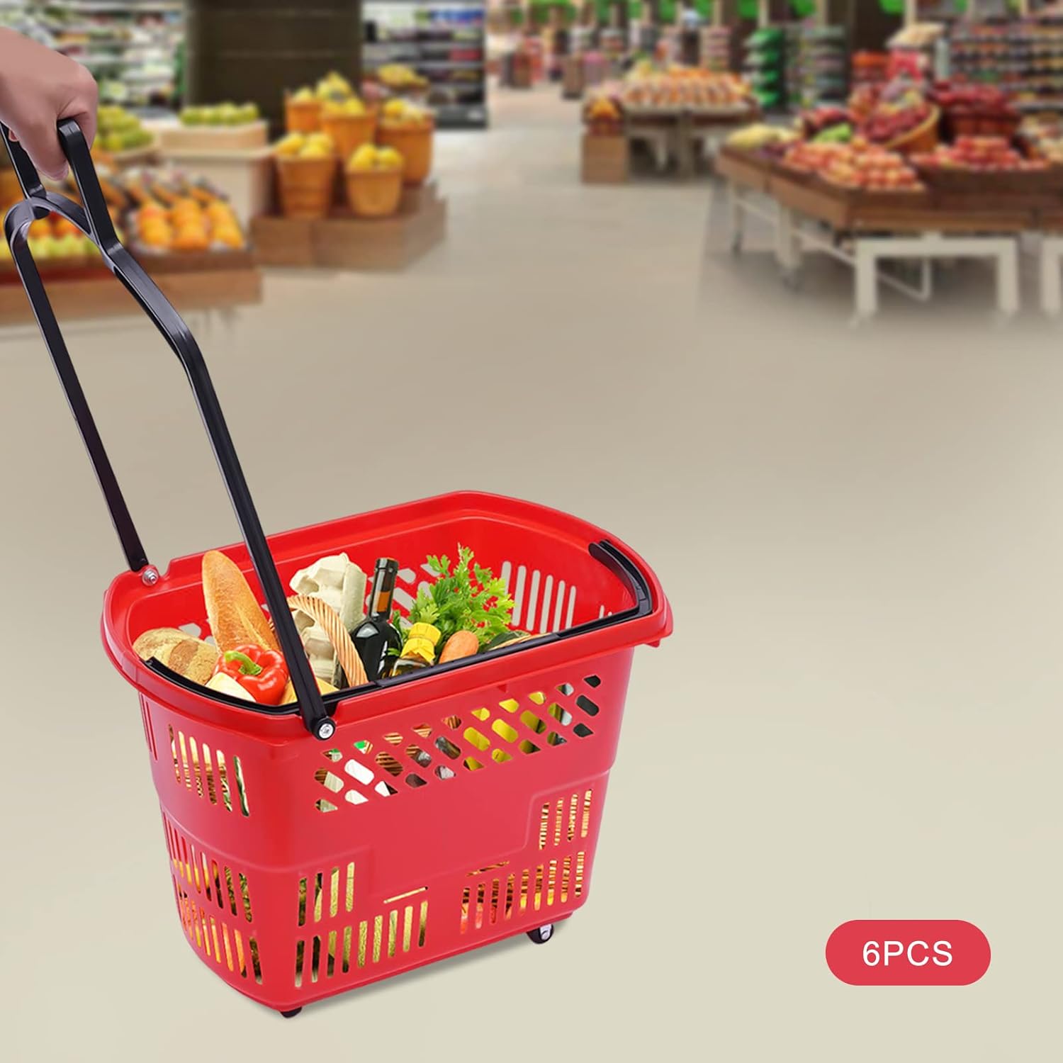6PCS Shopping Carts with Handles, 35L/9.2gal Large Plastic Rolling Shopping Basket with 4 Wheels Portable Shopping Basket Set for Supermarkets, Retail Stores, Grocery Shopping (Red)