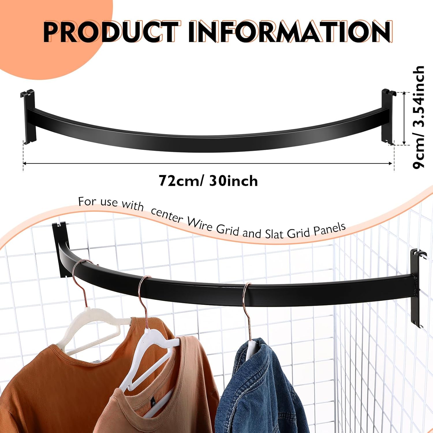 Yaocom 2 Pcs Quarter Circle Hangrail for Wire Grid - 30" L Hang Clothing or Other Merchandise Hanger Grid Wall Bracket for Retail Display Home Use Garage Craft Show Trade Show Business(Black)
