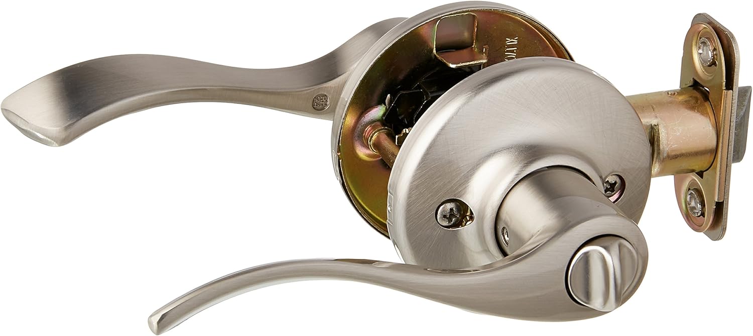 kwikset balboa interior privacy door handle with lock, door lever for bathroom and bedroom, satin nickel reversible keyless turn lock, with microban protection satin nickel privacy reversible