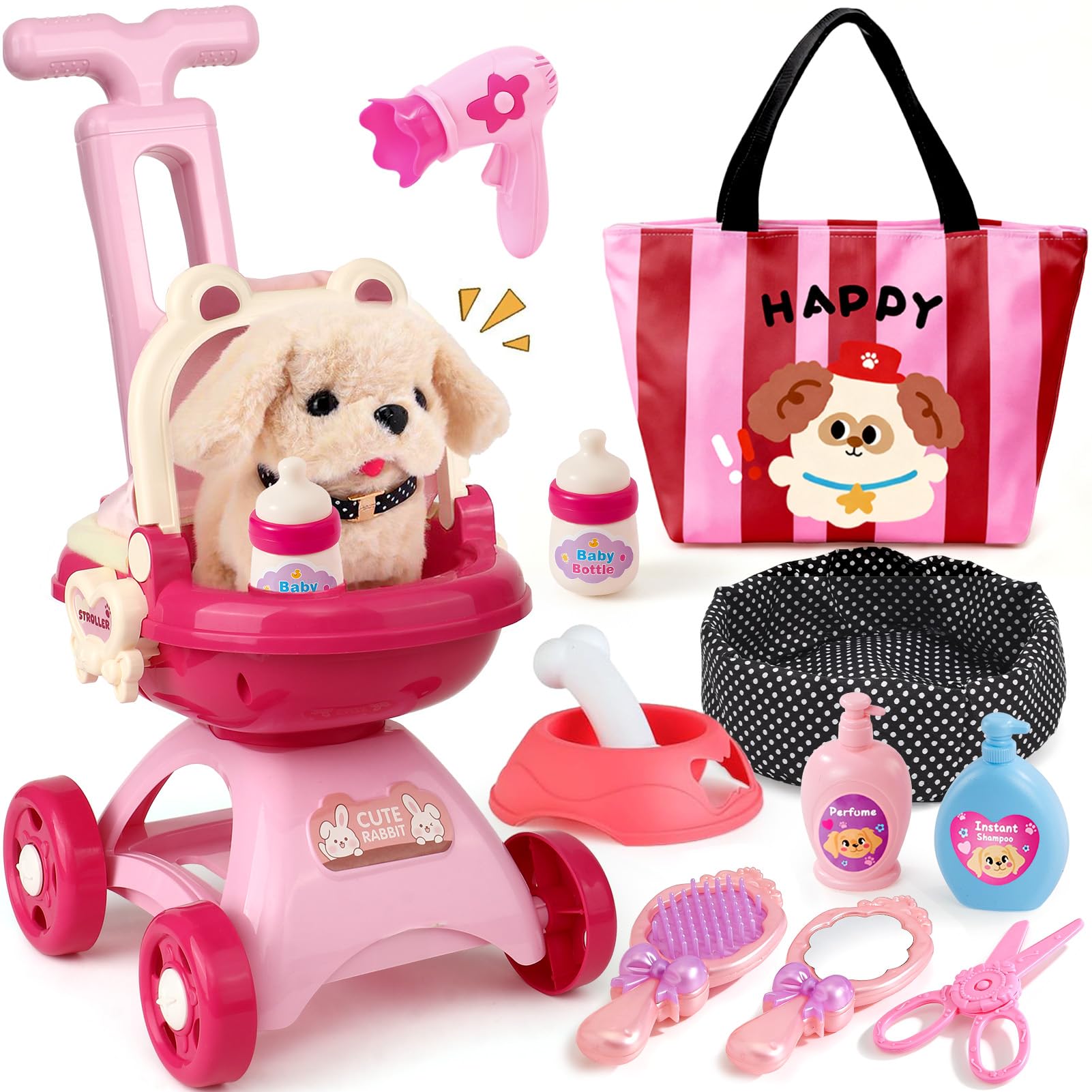 Chien Jouet Enfant Chien Interactif Electronique Qui Marche et Aboie avec Poussette Jouet, Peluche Chien Interactif Réaliste Jeu De Rôle Nourrir Baigner Anniversaire Noël Cadeau pour Fille Enfant
