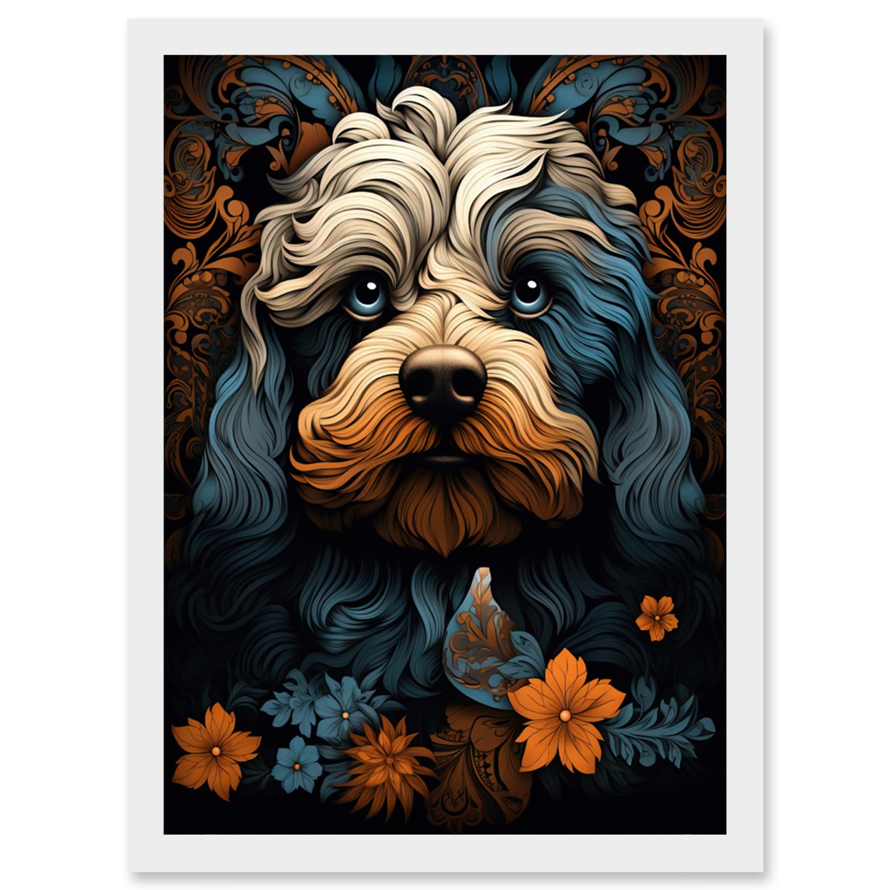 Artery8 Cockapoo Dog with Flower Patterns Art Nouveau Artwork Orange Blue Floral Portrait Design Artwork Framed Wall Art Print A4