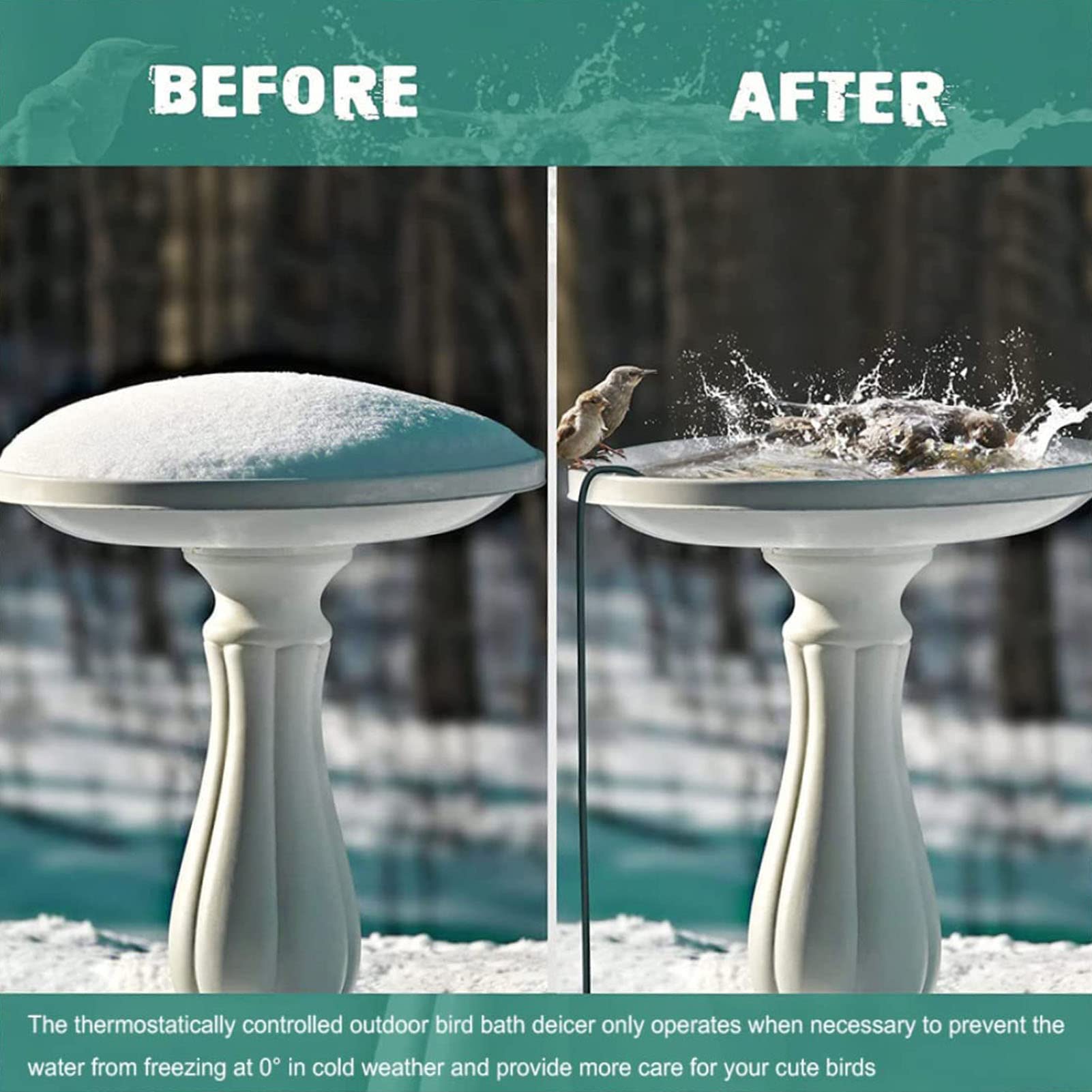 Bird Bath Heater For Winter | 60W Thermostatic De-Icer, Auto Shut-Off | 2-Pack In Army Green/Black | Keeps Water Ice-Free For Birds