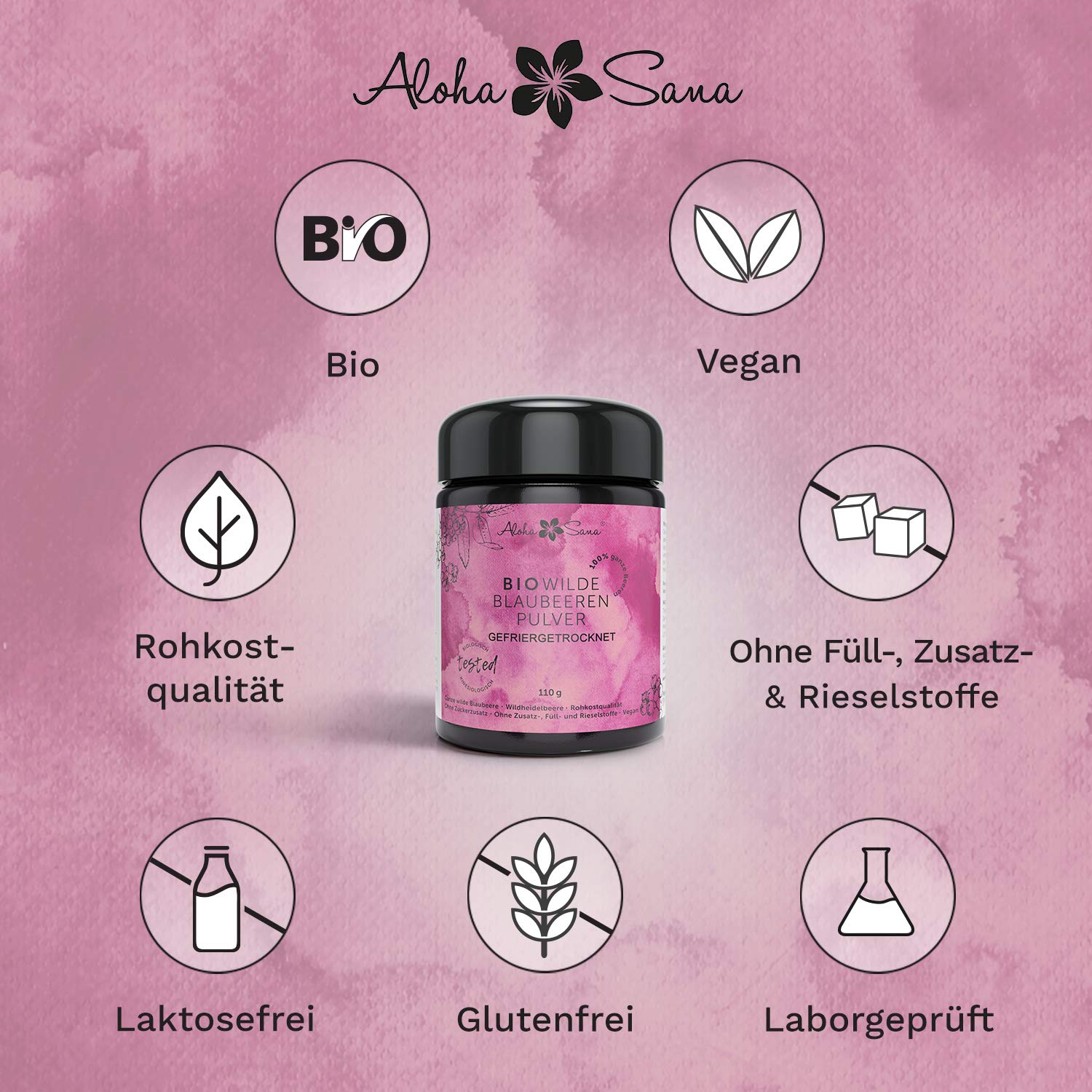 Aloha Sana | Wilde Blaubeeren Pulver BIO in Rohkostqualität (110g) | Heidelbeerpulver gefriergetrocknet wild | Blaubeerpulver getrocknet im Ultraviolettglas | Laborgeprüftes Fruchtpulver