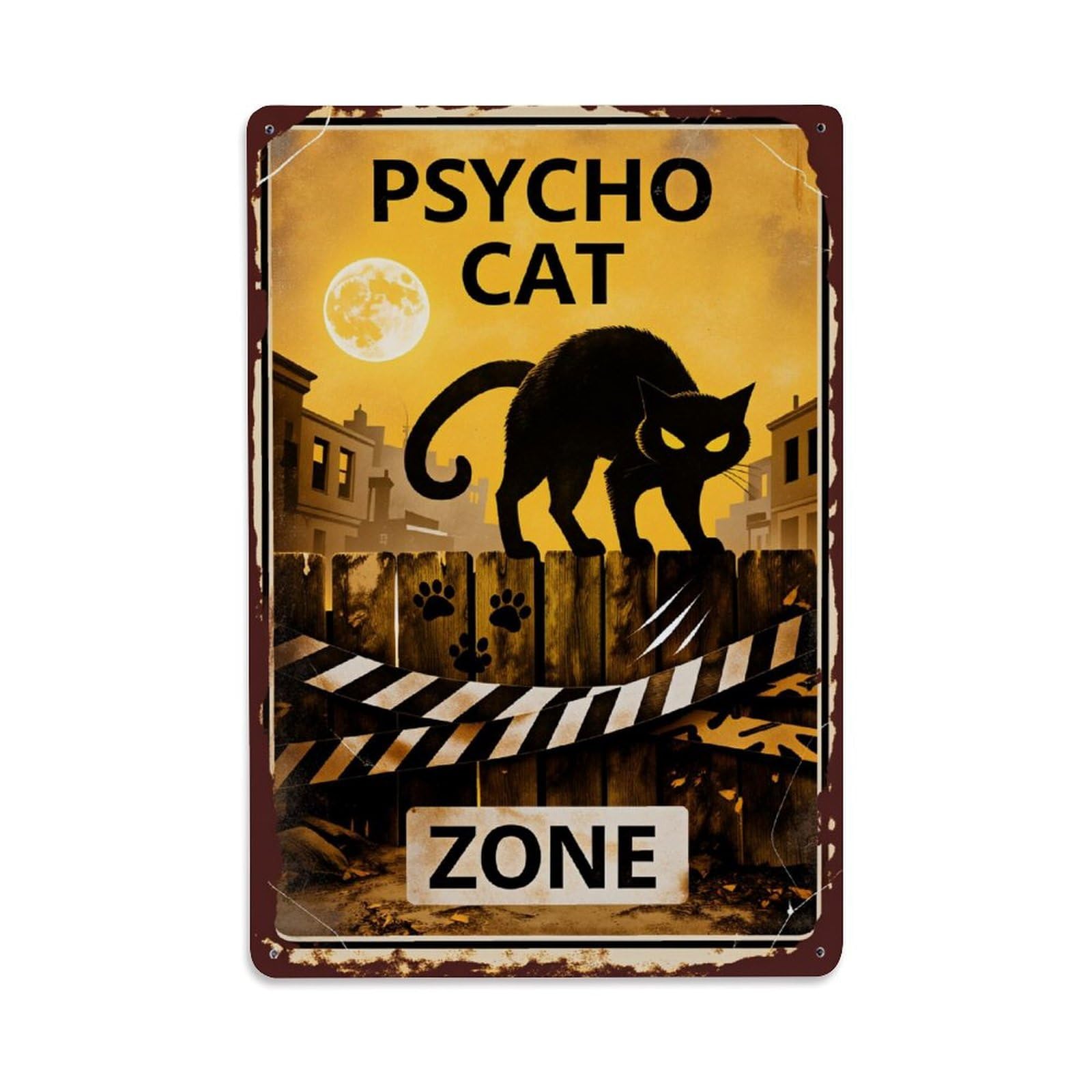 Lzwbntey Vintage Psycho Cat Zone Warning Sign Metal Tin Sign Retro Wall Decor For Home Bar Garage Cafe, Indoor & Outdoor Decorative Metal Poster, 8X12 Inch