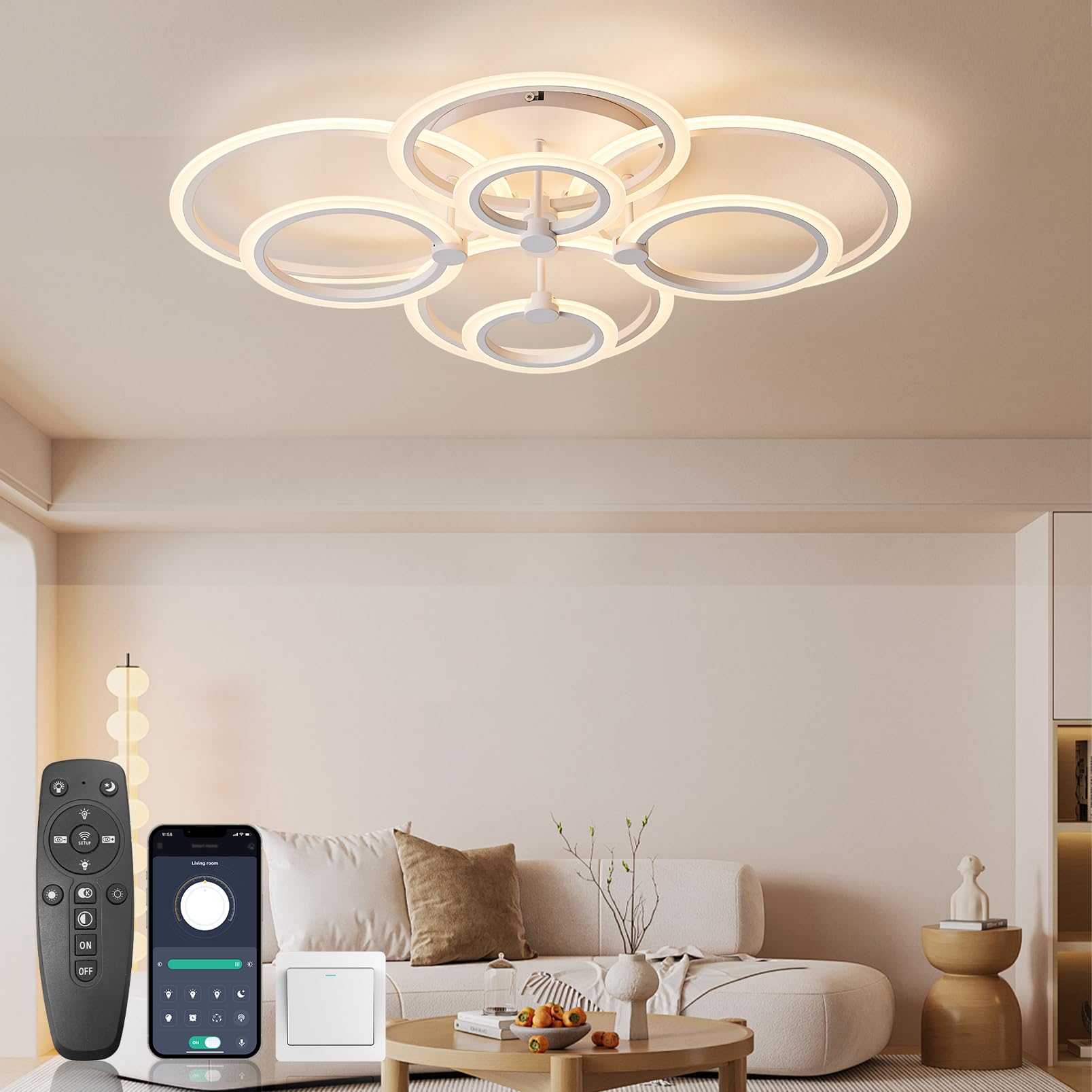 KSIBNW LED Deckenlampe Dimmbar – 90W, Mit Fernbedienung & APP, 8 Ring Design, 2700K-6500K, Weiß