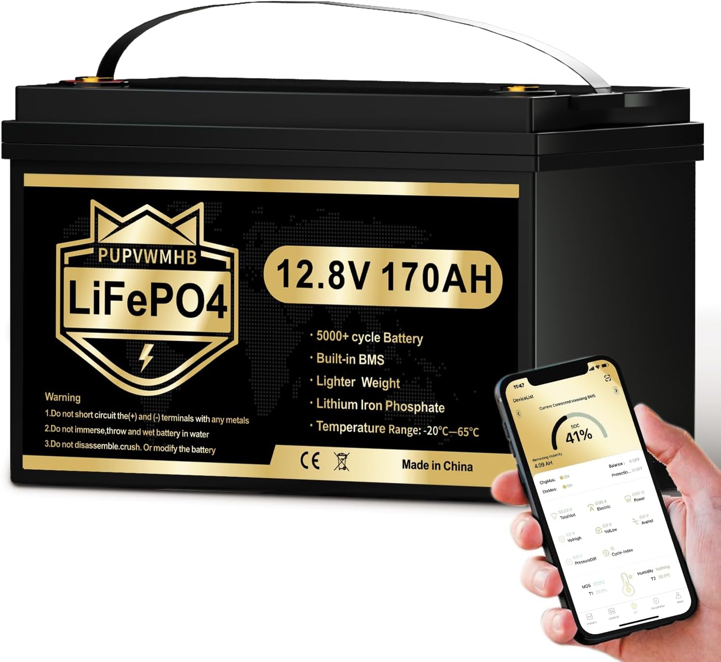 LiFePO4 12V 170Ah Car Battery Bluetooth 150A BMS Over 5000 Times Deep Cycle Lithium Battery 2176W Low Temperature Shutdown Protection for Motorhome, Camping, Boat, Solar Home Systems