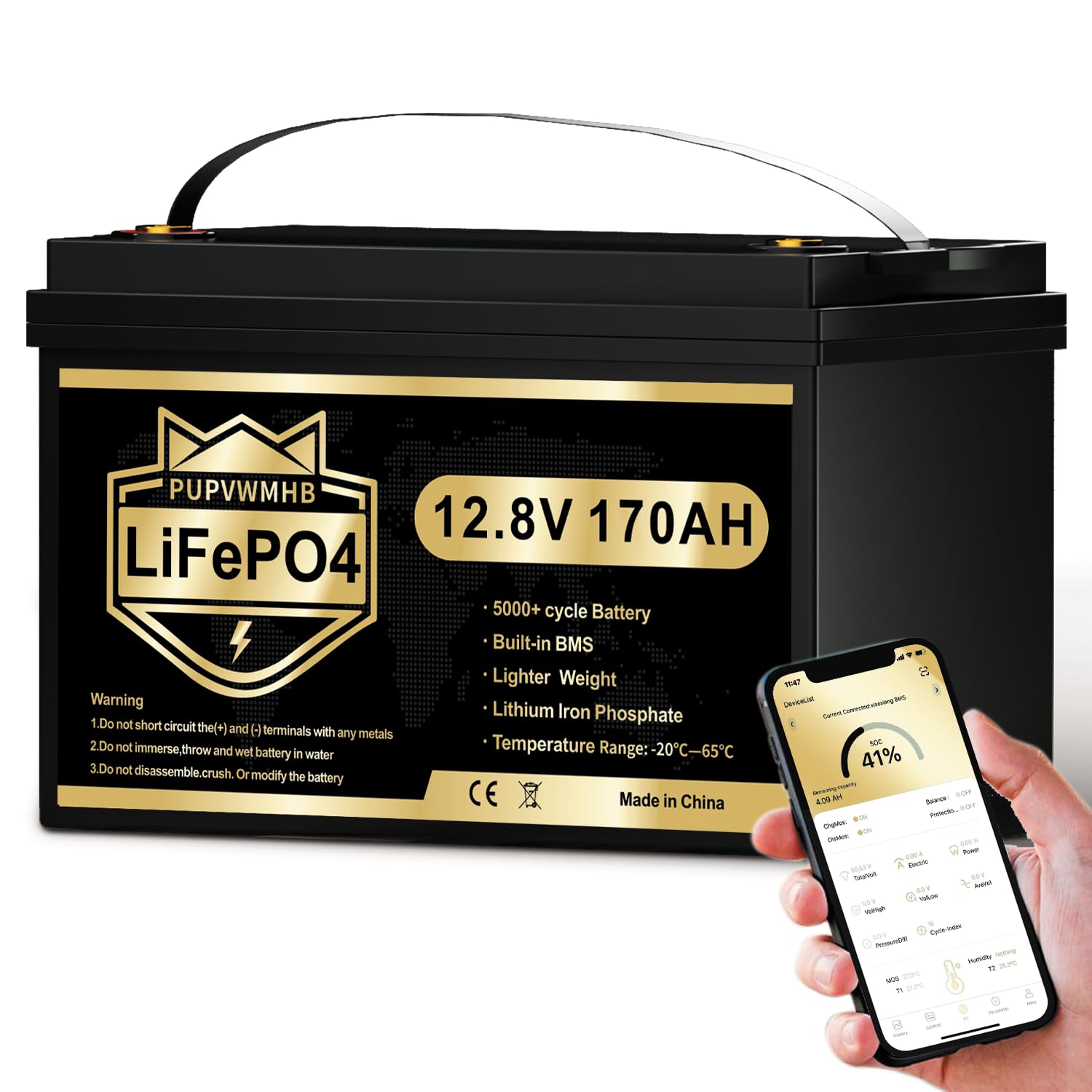 LiFePO4 12V 170Ah Car Battery Bluetooth 150A BMS Over 5000 Times Deep Cycle Lithium Battery 2176W Low Temperature Shutdown Protection for Motorhome, Camping, Boat, Solar Home Systems