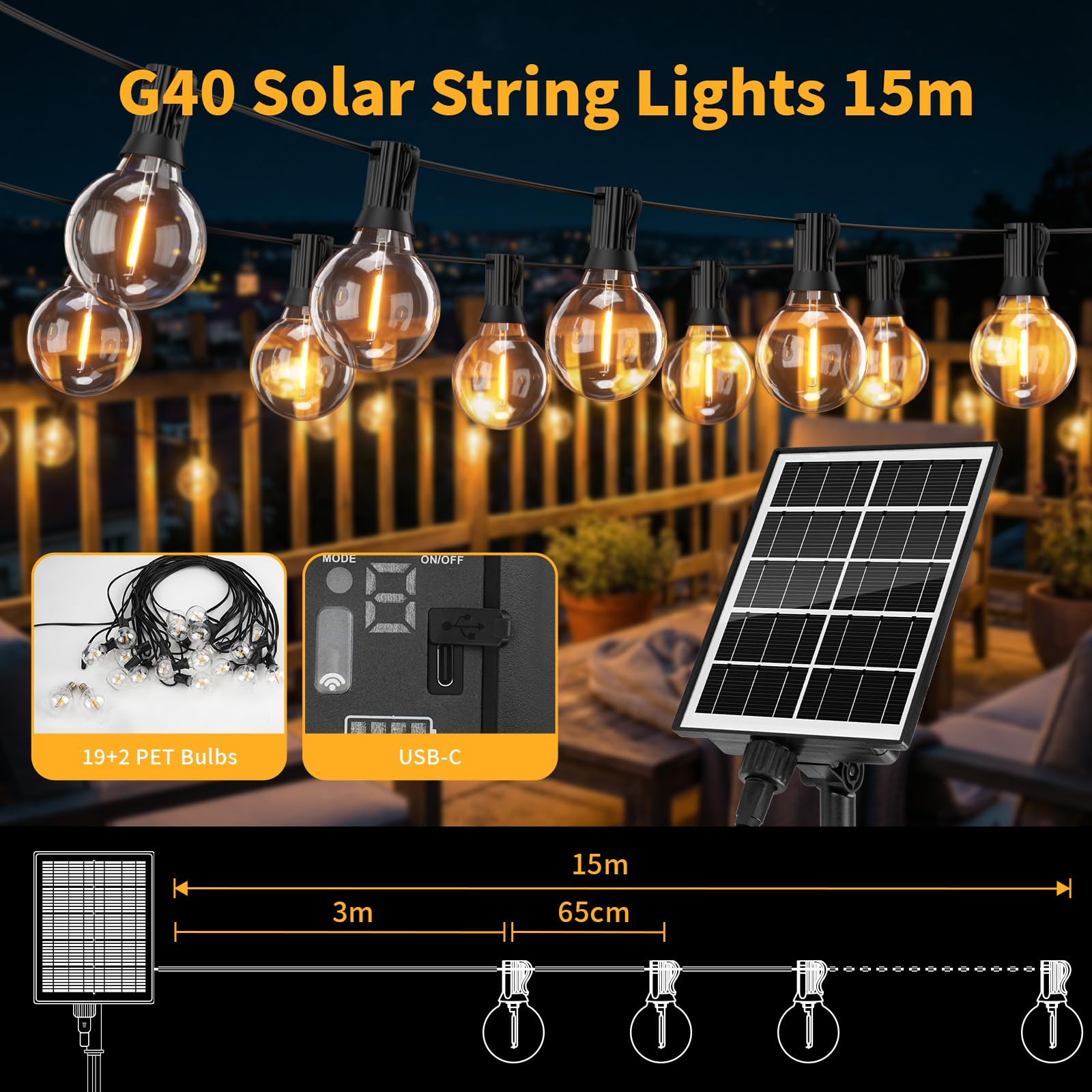 Hoteril 15M Solar Lichterkette Outdoor, 19+2 G40 Glühbirnen Dimmbar, IP65 Wasserdicht USB Laden Lichterkette Außen Solar, 8Modi & Timer LED Solarlichterkette Außen Wetterfest für Garten,Balkon,Party