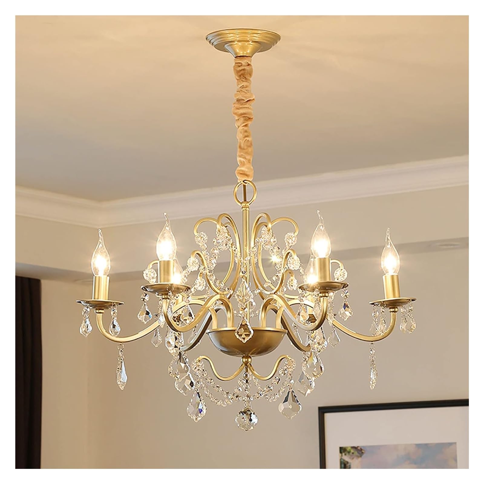 LYMSXAZOU Chandelier Ceiling Light Gold Crystal Wrought Iron Pendant E14 Light,Indoor Lighting