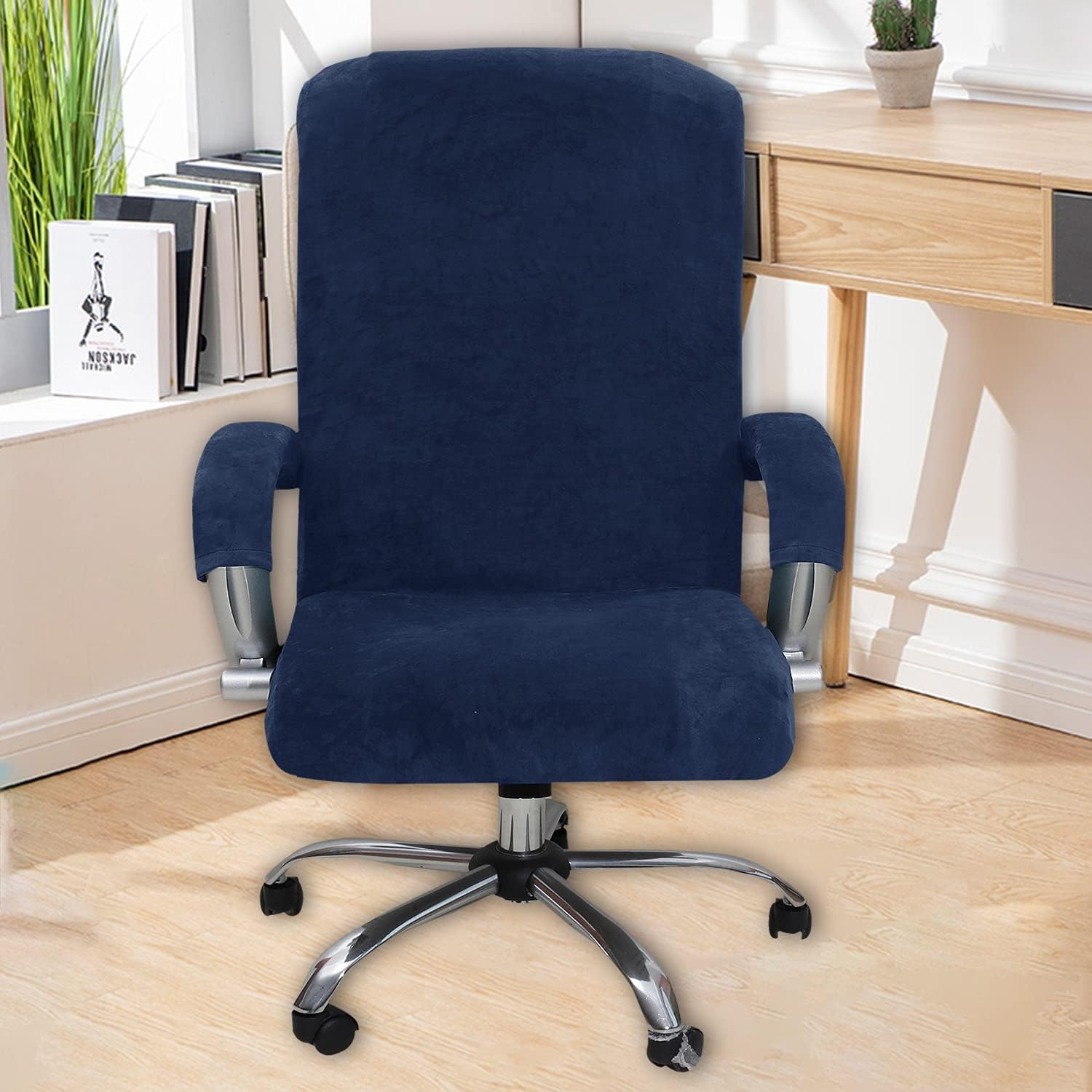 Velvet Office Chair Covers - Universal Swivel & Gaming Chair Covers (Large, Navy)