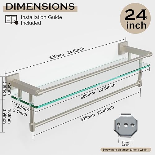 Miniatura 2 de Moderno estante de cristal para baño de 24 pulgadas con 1 estante, níquel cepillado, 1 toallero, capacidad de peso de 45 libras