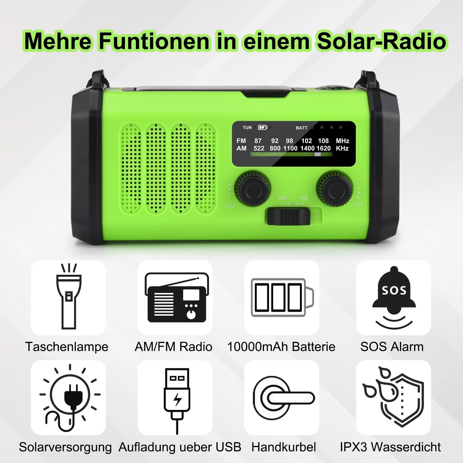 Radio Solaire Portable 10 000 mAh - Radio à manivelle AM/FM - avec Batterie Externe Rechargeable de 10 000 mAh - 3 Modes - Lampe de Poche LED - Lampe de Lecture LED - Alarme SOS, manivelle Dynamo et