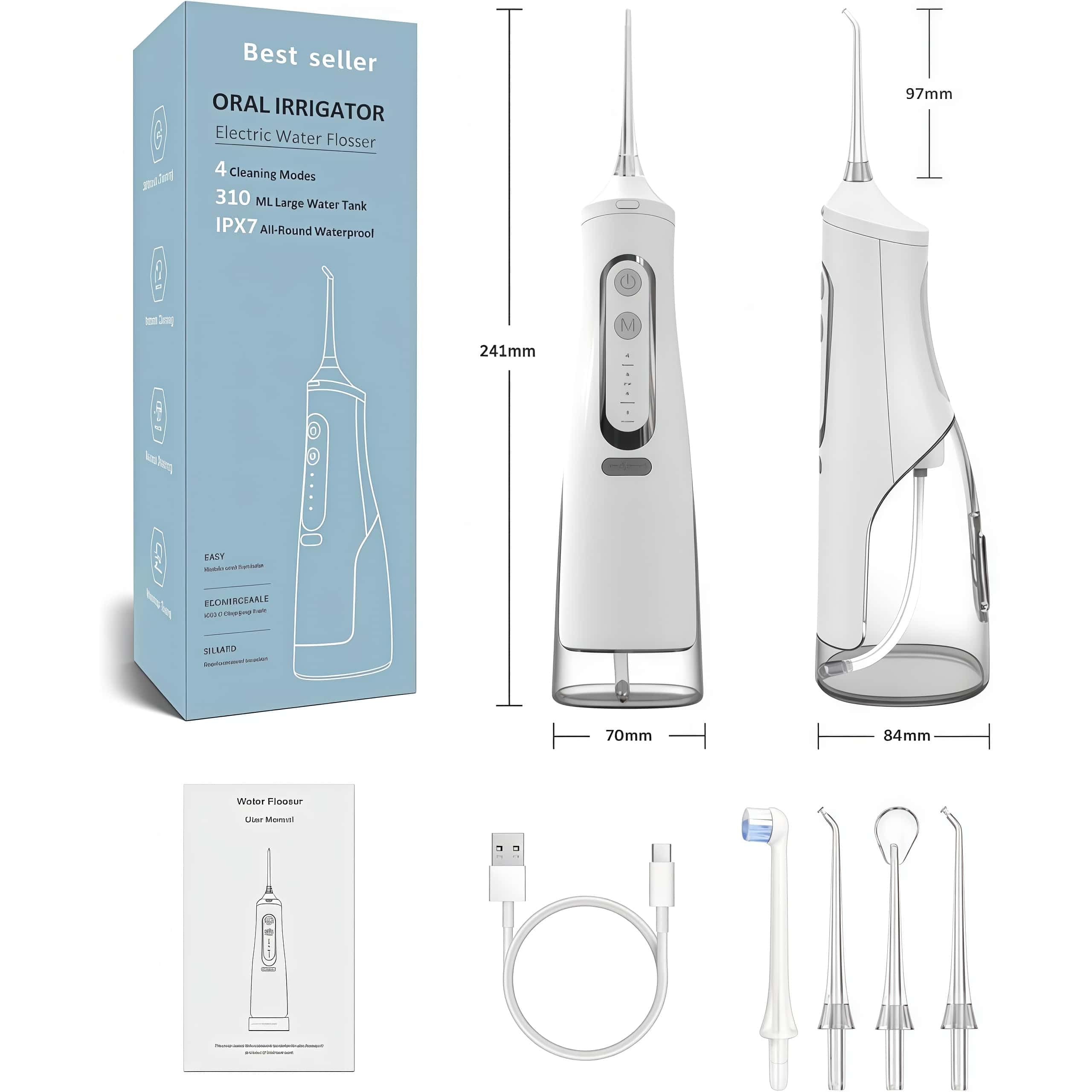 Oryzon Hydropulseur sans fil pour un soin dentaire & buccal optimal – Réservoir 310 ml et étanchéité IPX7 pour une utilisation sûre sous la douche (Blanc)