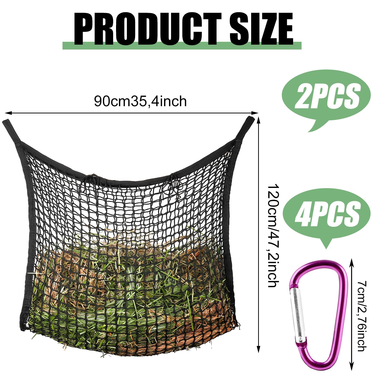 APACALI Worek na siano dla koni, rozmiar 90 x 120 cm, duża, siatka na siano z 4 karabińczykami, pojemność 10 kg, kolor biały