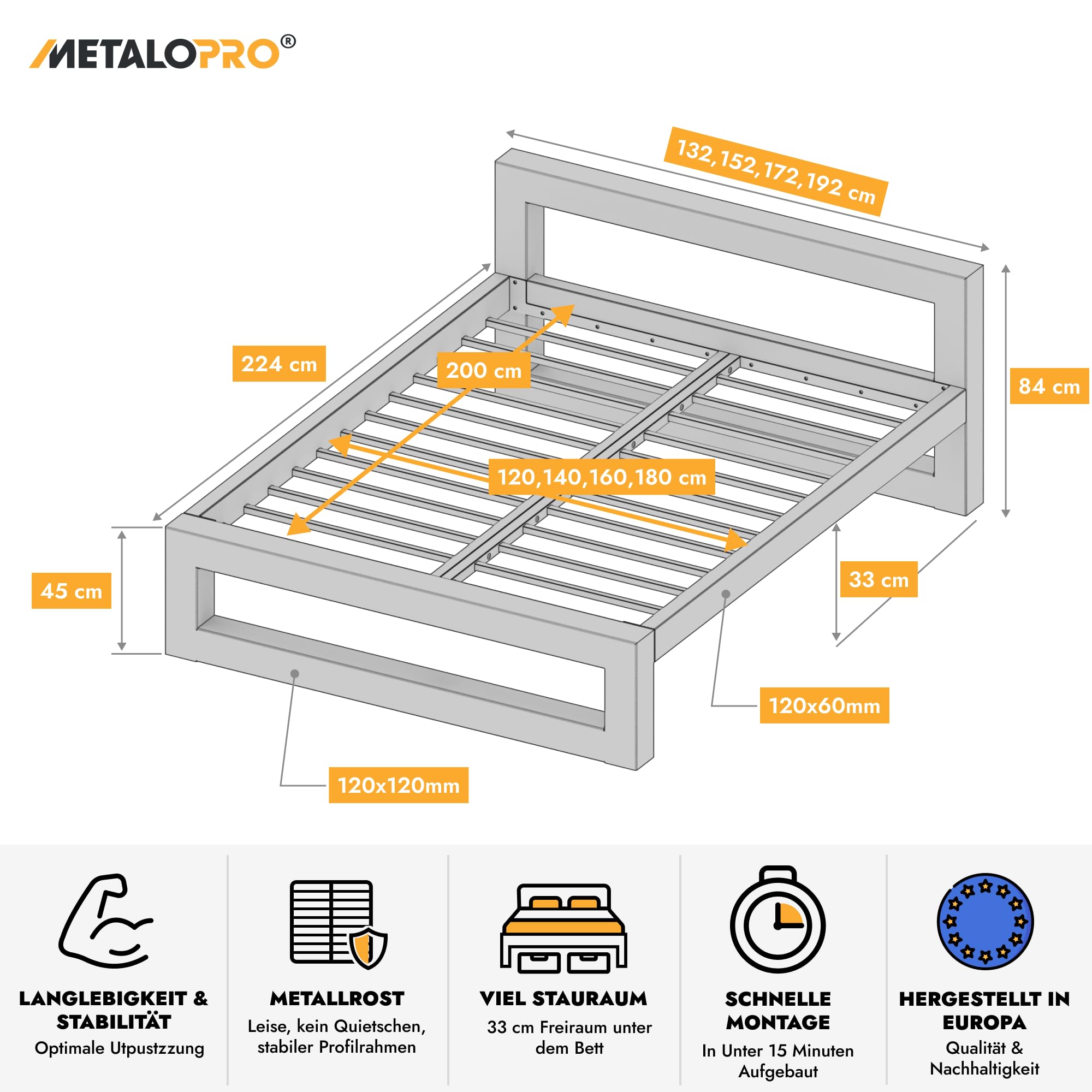 Massives Bettgestell – Metall Bettrahmen bis 1000 kg belastbar, Robuster Metallrost ohne Quietschen, Viel Stauraum, Schnelle Montage <15 Min, Modernes Design – 180x200 cm