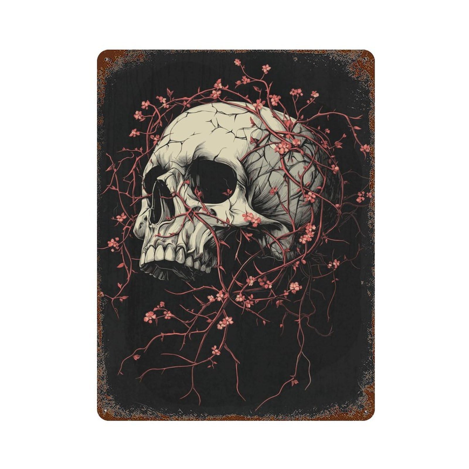 Skull with Cherry Blossoms Rusty Metal Tin Sign 15.7"x11.8", for Shed, Workshop And Garage Wall Decor, Shabby Chic Decor