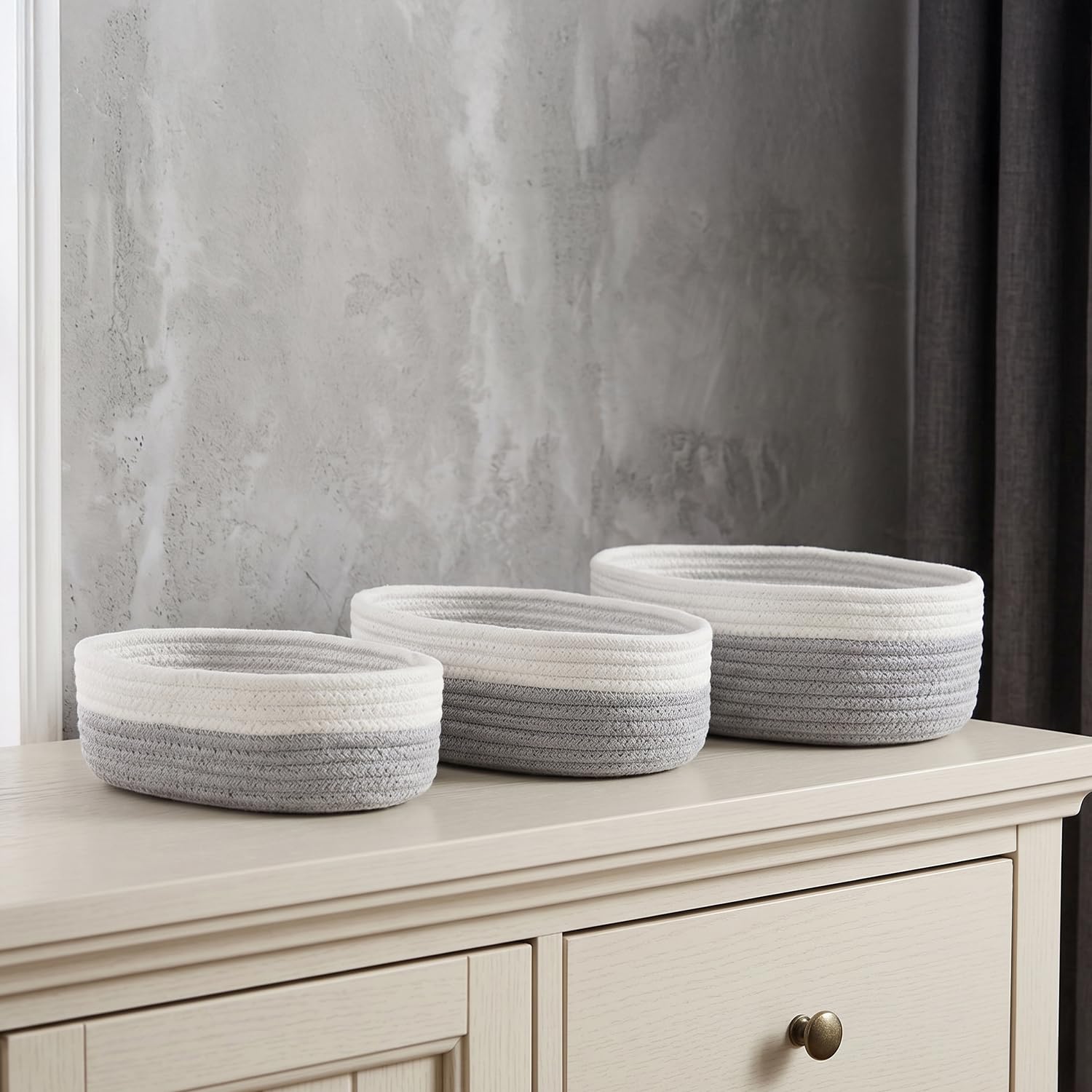 amazon basics Polycotton Basket Set of 3 | Oval, Grey | Handwoven Cotton Basket | Eco-Friendly Shelf Baskets for Storage, Organization & Gift Hampers |Grey&White|-image-26