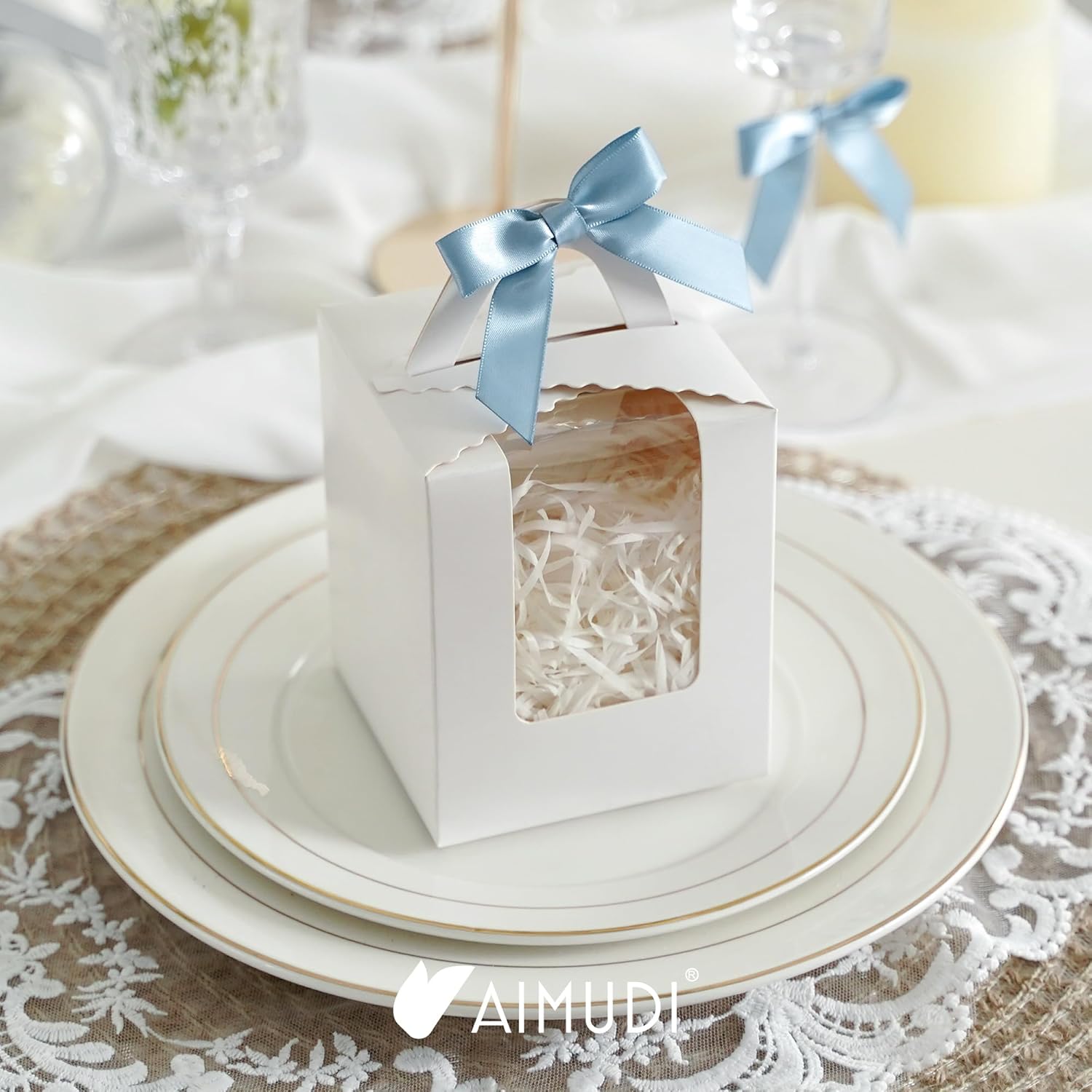 AIMUDI Dusty Blue Bows for Gift Wrapping Premade Satin Bows for Wedding Decor Pre Tied Twist Tie Bows Small Bows for Crafts Treat Bags Cake Pop Party Favors - 50 Counts - Image 9