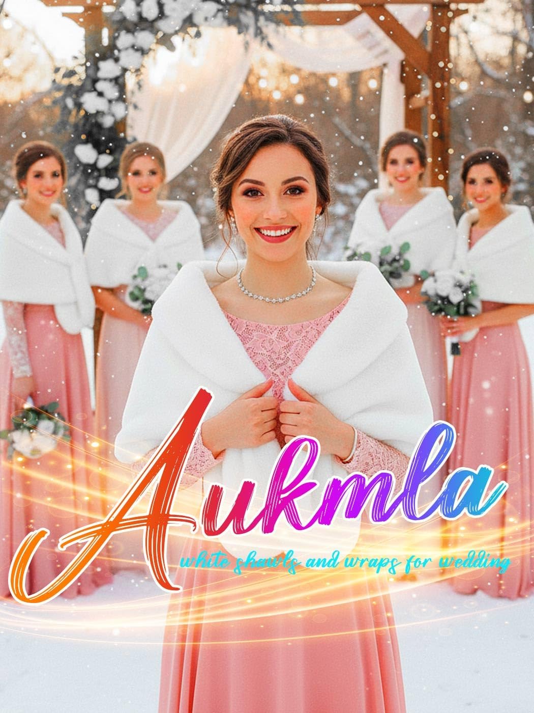 Aukmla Women's Wedding Fur Wraps and Shawls Bridal Fur Stoles Scarf with Rhinestones Brooch for Bride and Bridesmaids - Image 3