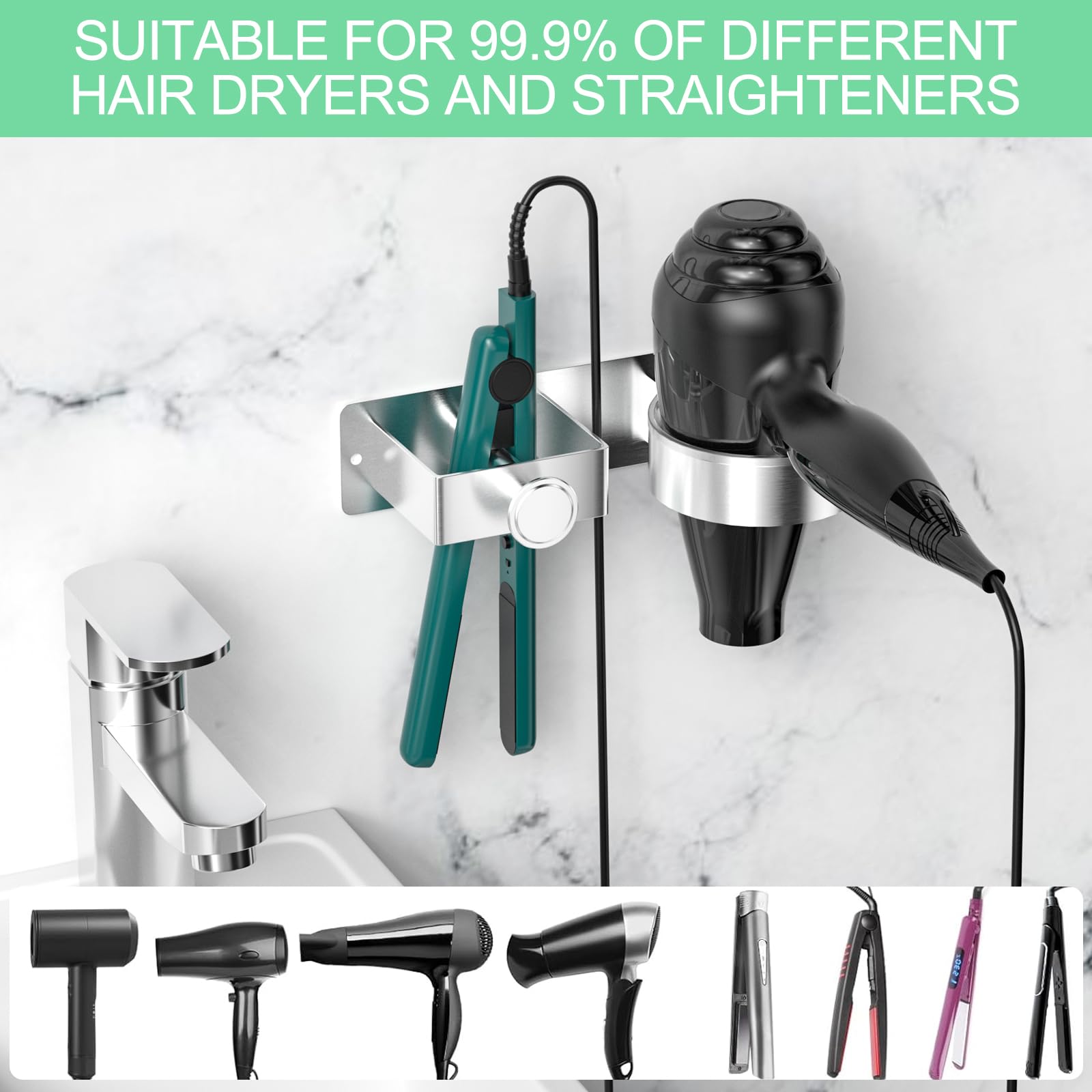 Chiluxendo Porta Phone Bagno da Muro, Porta Asciugacapelli da Parete, Supporto Phon e Piastra Senza Foratura, Portaphone da Bagno Autoadesivo, per Camere da Letto Toilette Barbiere (Argento)