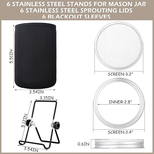 Miniatura 2 de Paquete de 6 tapas de germinación con soportes de acero inoxidable para frascos de germinación, mangas opacas, kit de germinación para tarro Mason