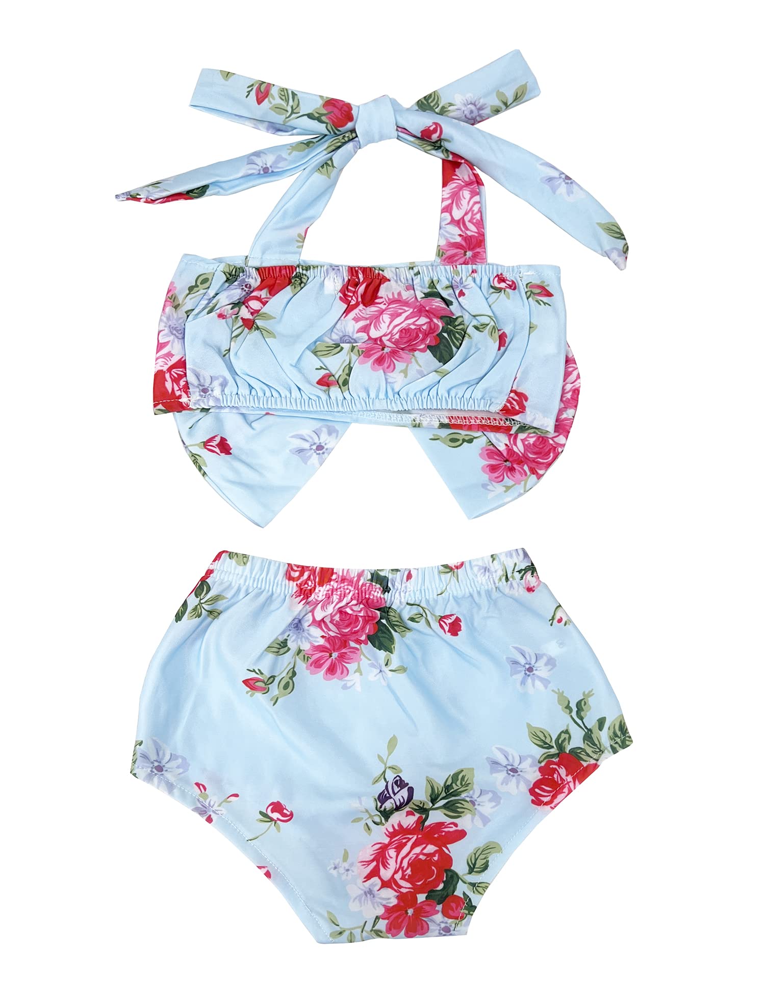 stylesilove Baby Toddler Girls Floral Print Bowknot Bikini Swimsuit and Headband 3pcs Blue Bathing Suit Beach Swimwear (6-12 Months)