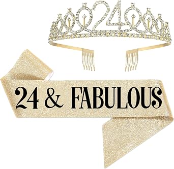 24th Birthday Sash and Tiara for Women, 24 & Fabulous Birthday Sash and Crown for Party Favors Supplies and Decorations, Gold