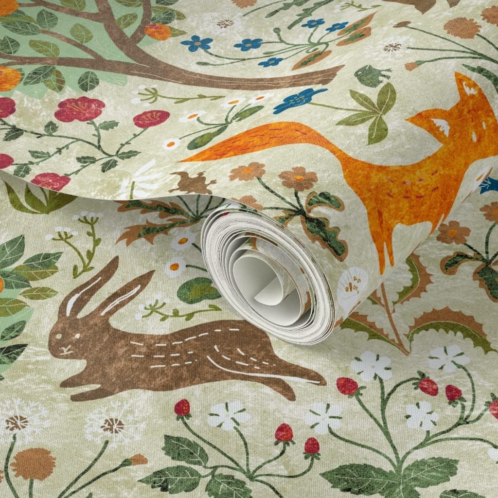 Spoonflower Peel & Stick Wallpaper 3ft x 2ft - Animals Forest Fox Rabbit Hare Lizard Custom Removable Wallpaper