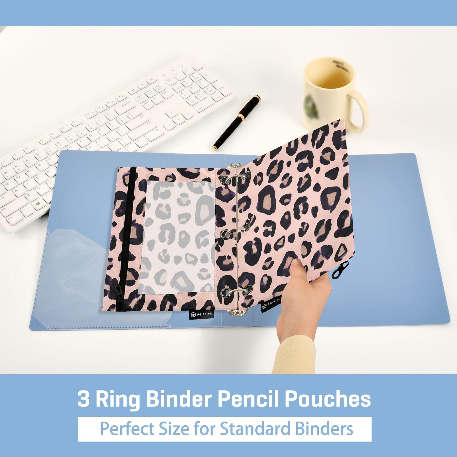 Estuche para lápices rosa con estampado de leopardo para carpeta de 3 anillos, 2 estuches para lápices con cremallera, estuche transparente con cremallera para lápices para suministros escolares de