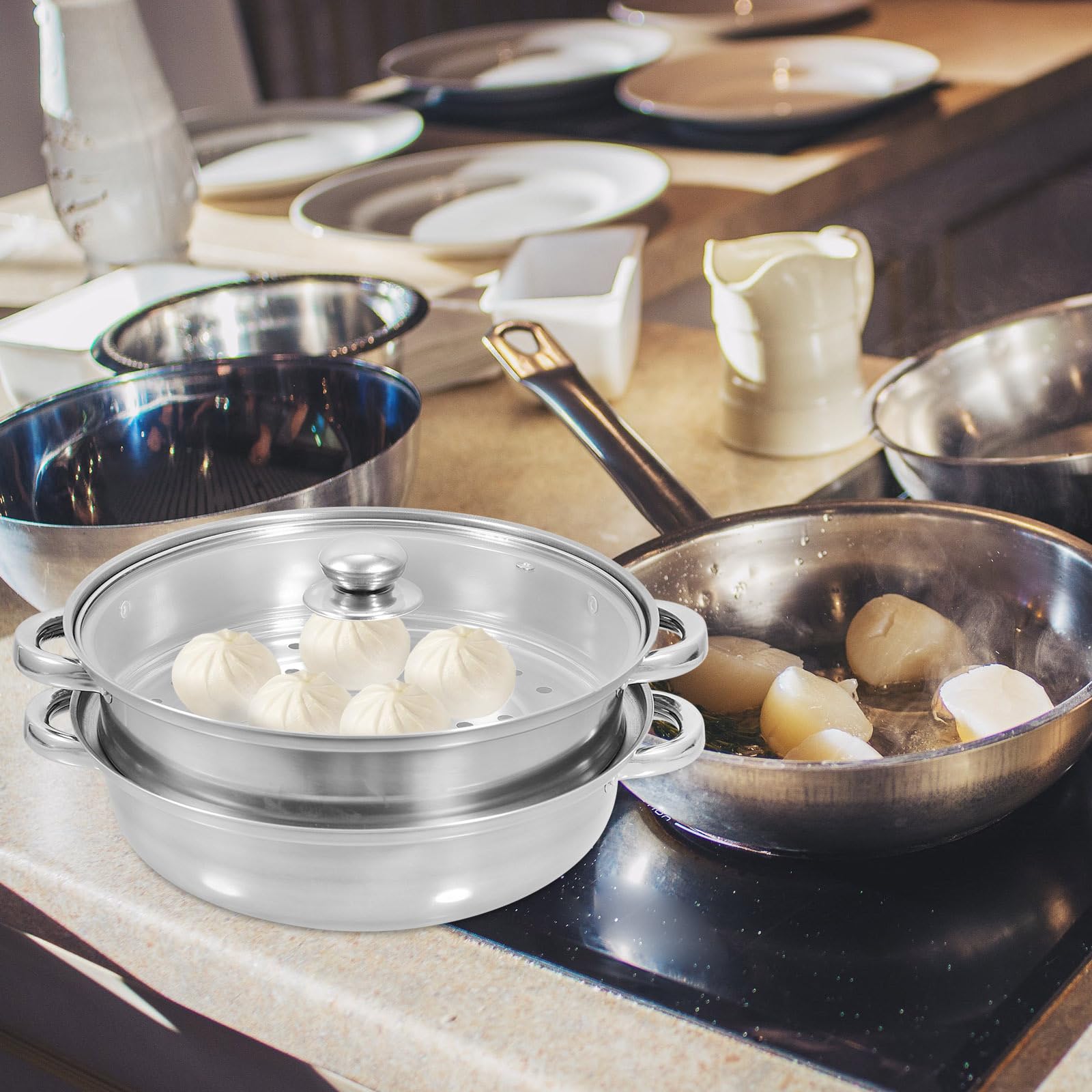 PRETYZOOM 1 juego de ollas de vapor de ánfora con tapa, utensilios de cocina ricos para cocinar al vapor, olla de vapor de 2 niveles, suministros de cocina, olla de vapor de acero inoxidable, vidrio