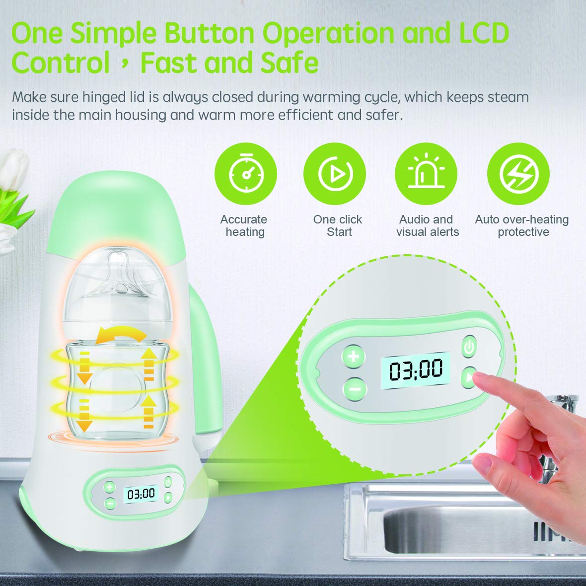 Close-up of the Bubos Baby Bottle Warmer's control panel with LCD display