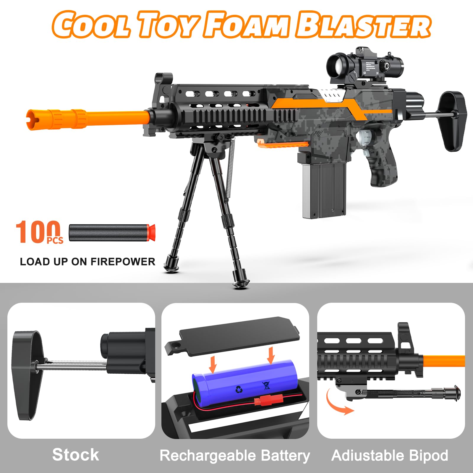 Fucile giocattolo elettrico per Nerf Sniper con cannocchiale, 3 modalità, ricaricabile, con due gambe, 2 riviste e 100 freccette, regalo per ragazzi dai 6 anni in su