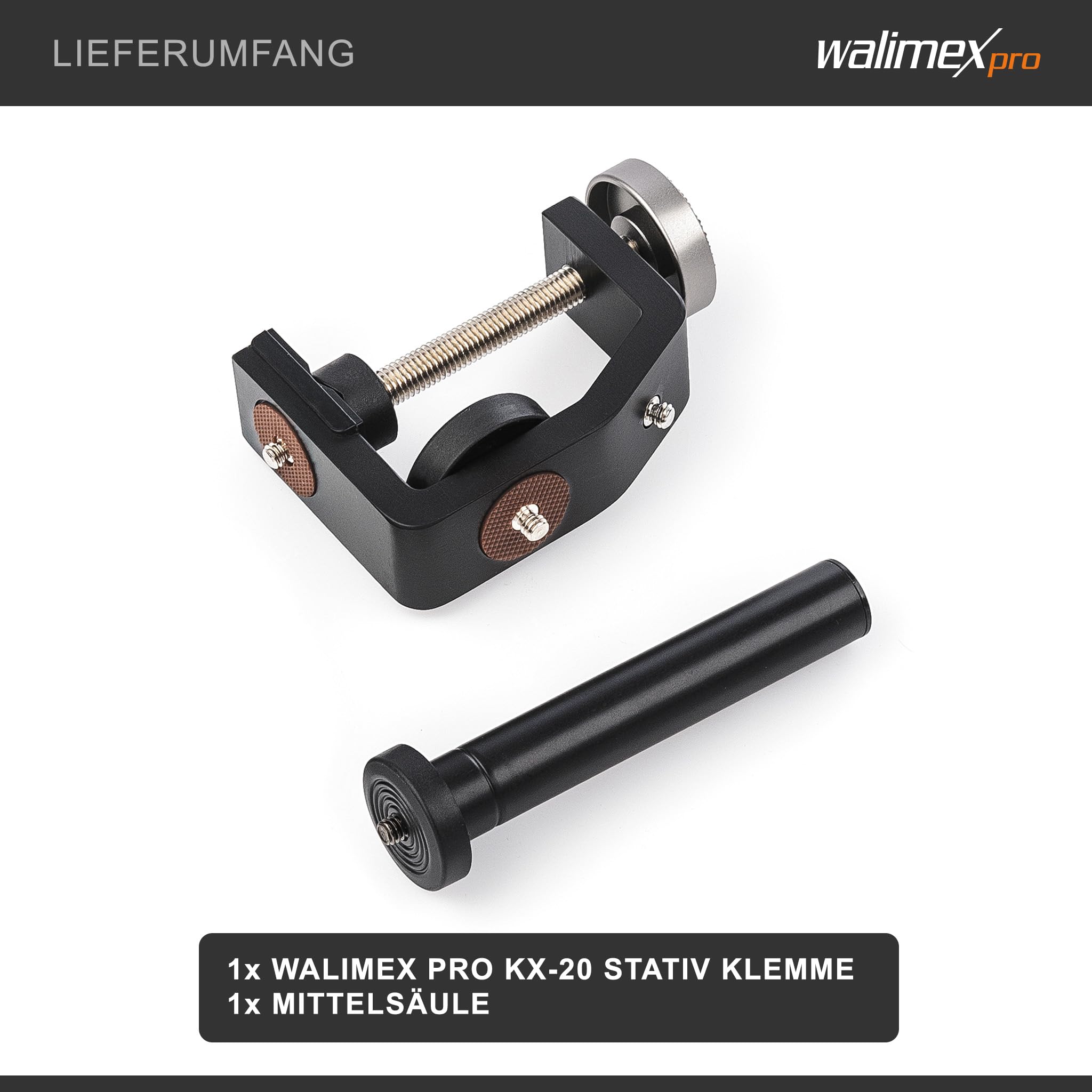 Walimex pro KX-20 Stativ Klemme – Klemmstativ, Blitzklemme, Aluminium, mit ausziehbarer Mittelsäule 12,5-20 cm, für Kamera, LED Leuchten, Halterung für Stativ, Rohr, Platte, Tisch