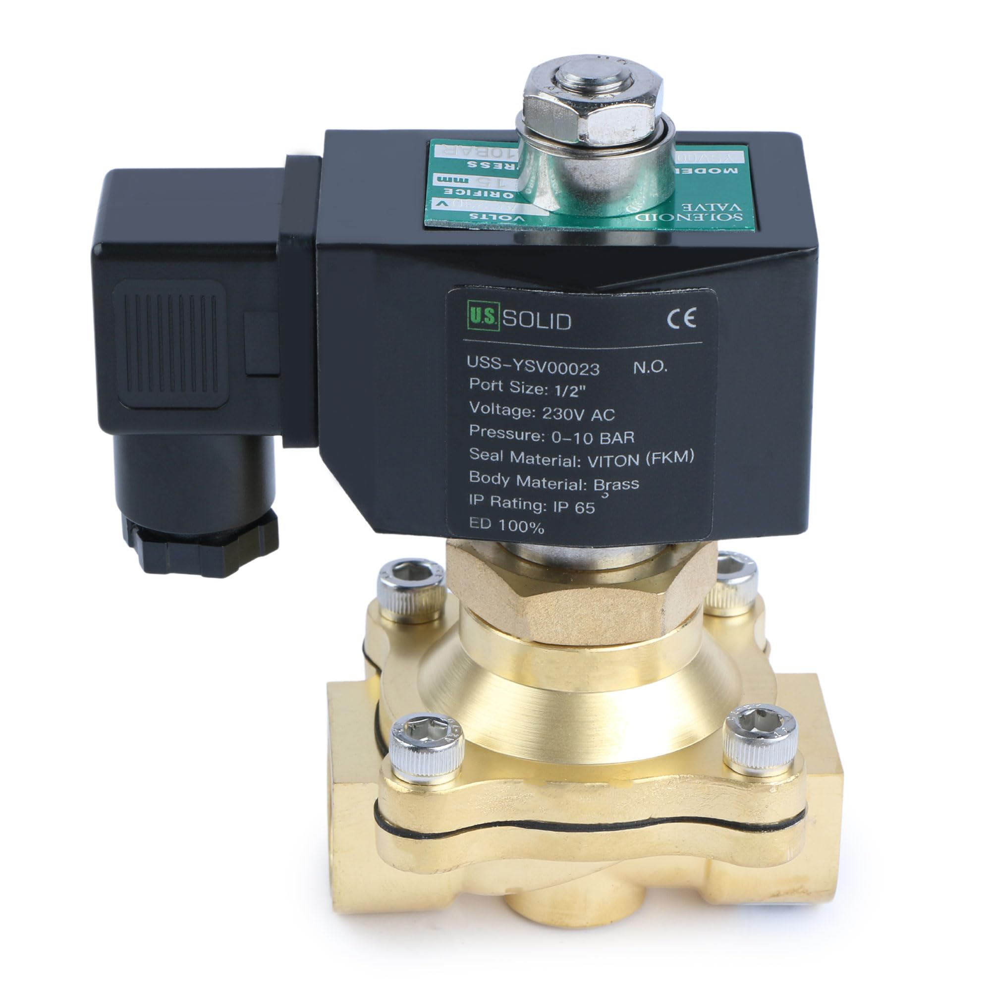 U.S. Solid Magnetventil Messing stromlos offen NO 10 bar - Elektrisches Wasserventil VITON (1/2", 230V AC)