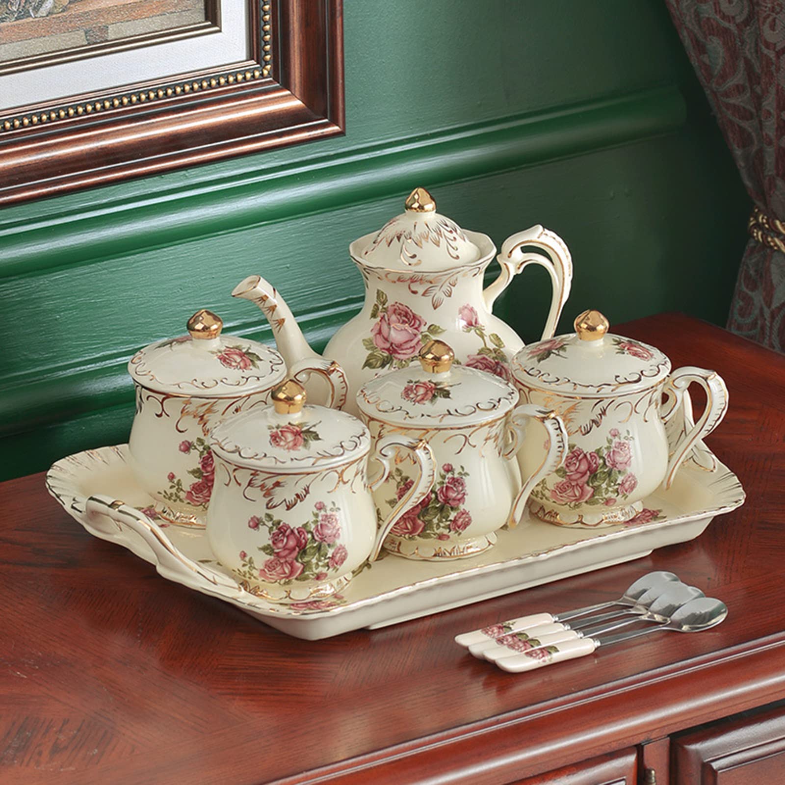 Juego De Tazas con Tapa con Bandeja para Tazas (400 Ml) 13.5 Onzas, Tazas Cappuccino Latte Mocha, Taza De Té para Fiesta, Tazas De Café De Porcelana, Juego De 5