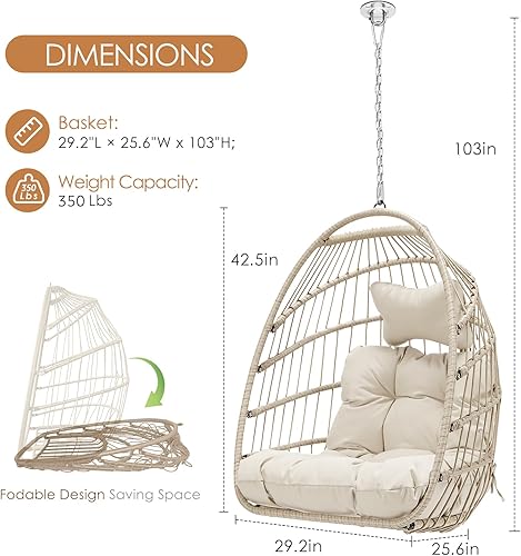 Miniatura 3 de Silla colgante de mimbre con soporte para porche Hamaca resistente a los rayos UV con estructura de aluminio, 350 libras de capacidad, para balcón,