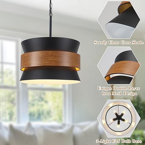 Miniatura 6 de Candelabro de granja grande de 5 luces, lámpara industrial vintage negra, lámpara colgante rústica redonda costera, ajustable para comedor, sala de