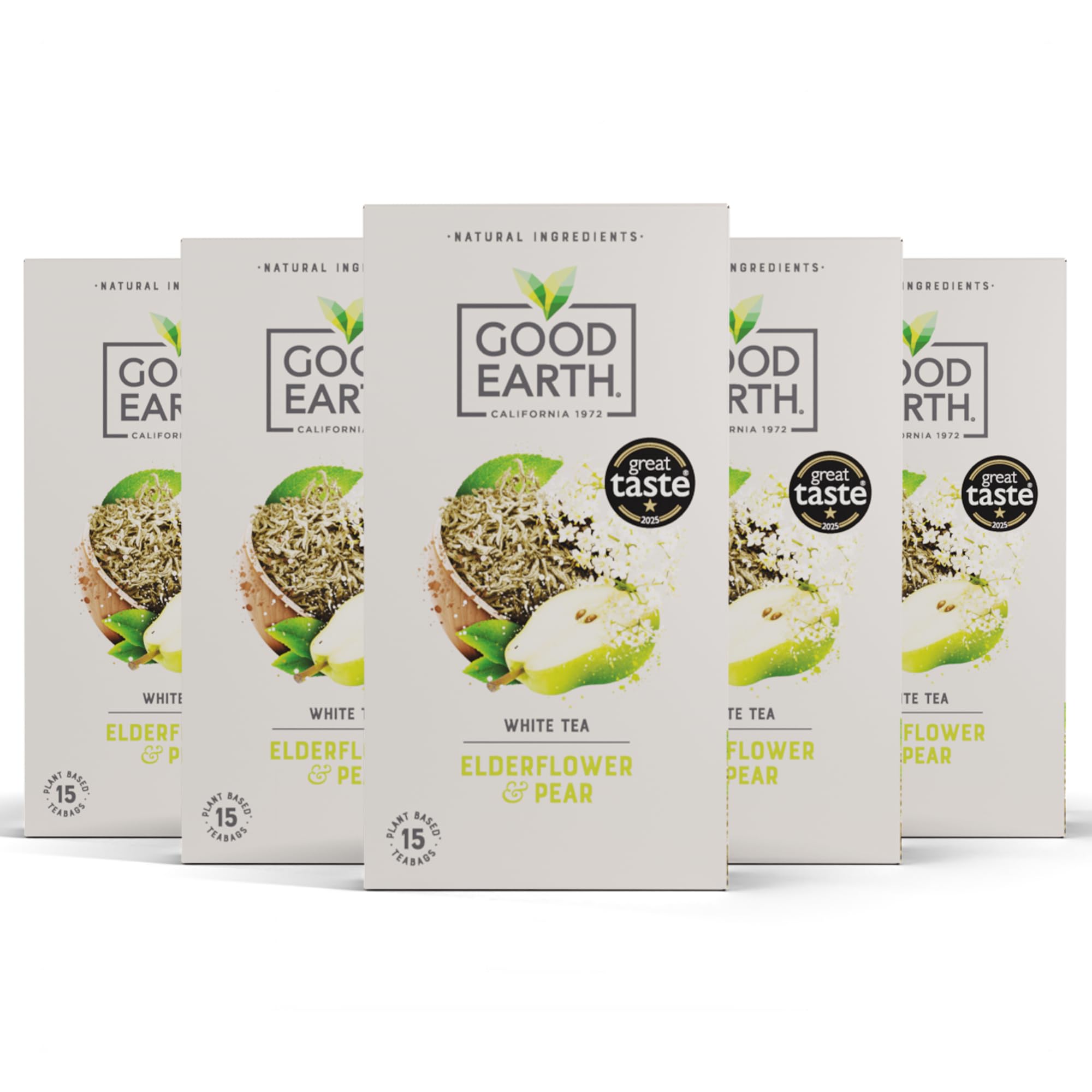 Good Earth Tea Co. Elderflower & Pear Tea Bags – Fruit Flavoured Herbal Blend with Sweet Pear and Elderflower – 5 x 15 Plant-Based Teabags