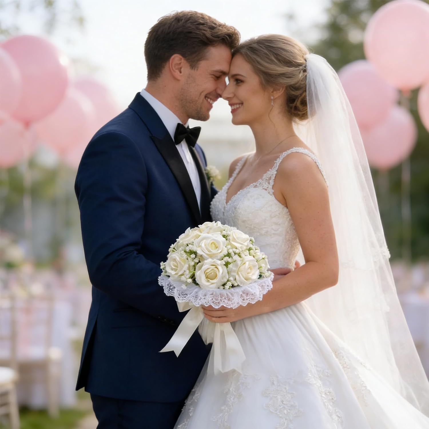 16 Ivory White Artificial Roses Wedding Bouquet for Bride, Handmade with Pearl Veil, Baby‘s Breath, Eucalyptus – 9“ Bridal Bouquet for Bridesmaid, Valentine’s Day