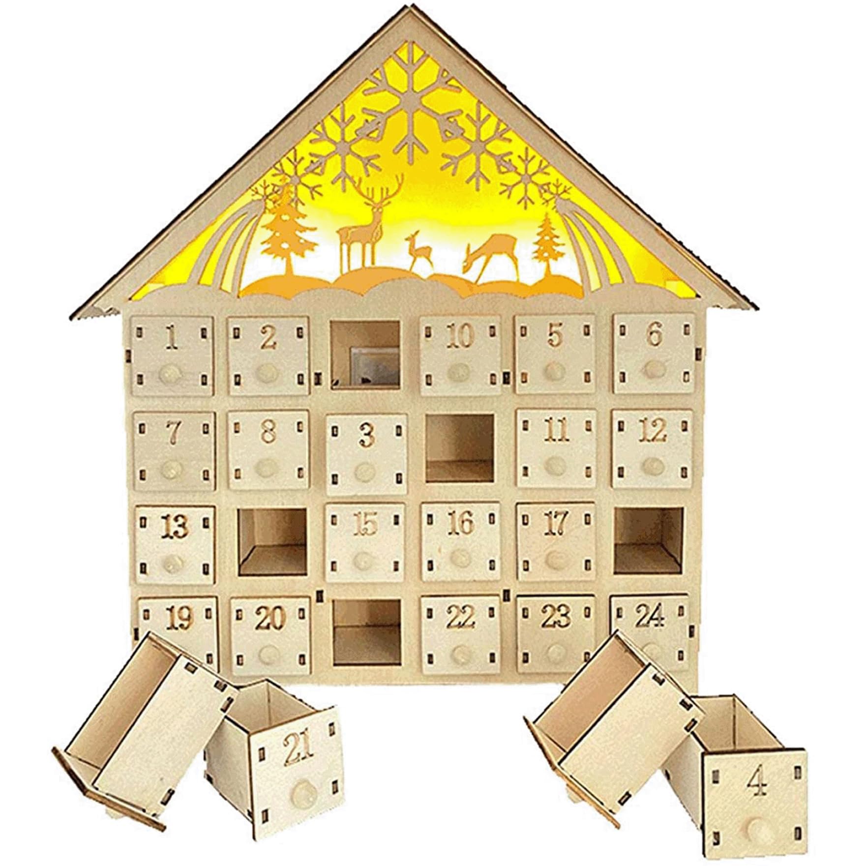Calendario de adviento de madera con 24 cajones 10x3x12 Regalos de calendario de adviento de Navidad LED vacío LED para decoración de Navidad (sin batería) |.
