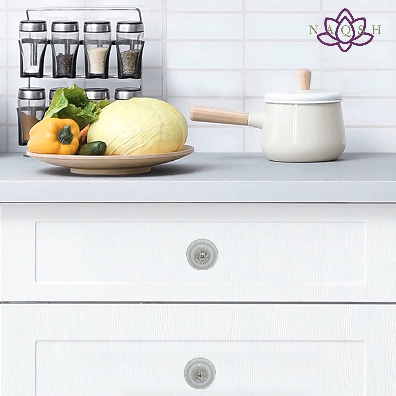 NAQSH Ceramic Cabinet Knobs Kitchen Drawer Knob Handpainted Cupboard Door & Drawers Pulls (White & Beige, 20)