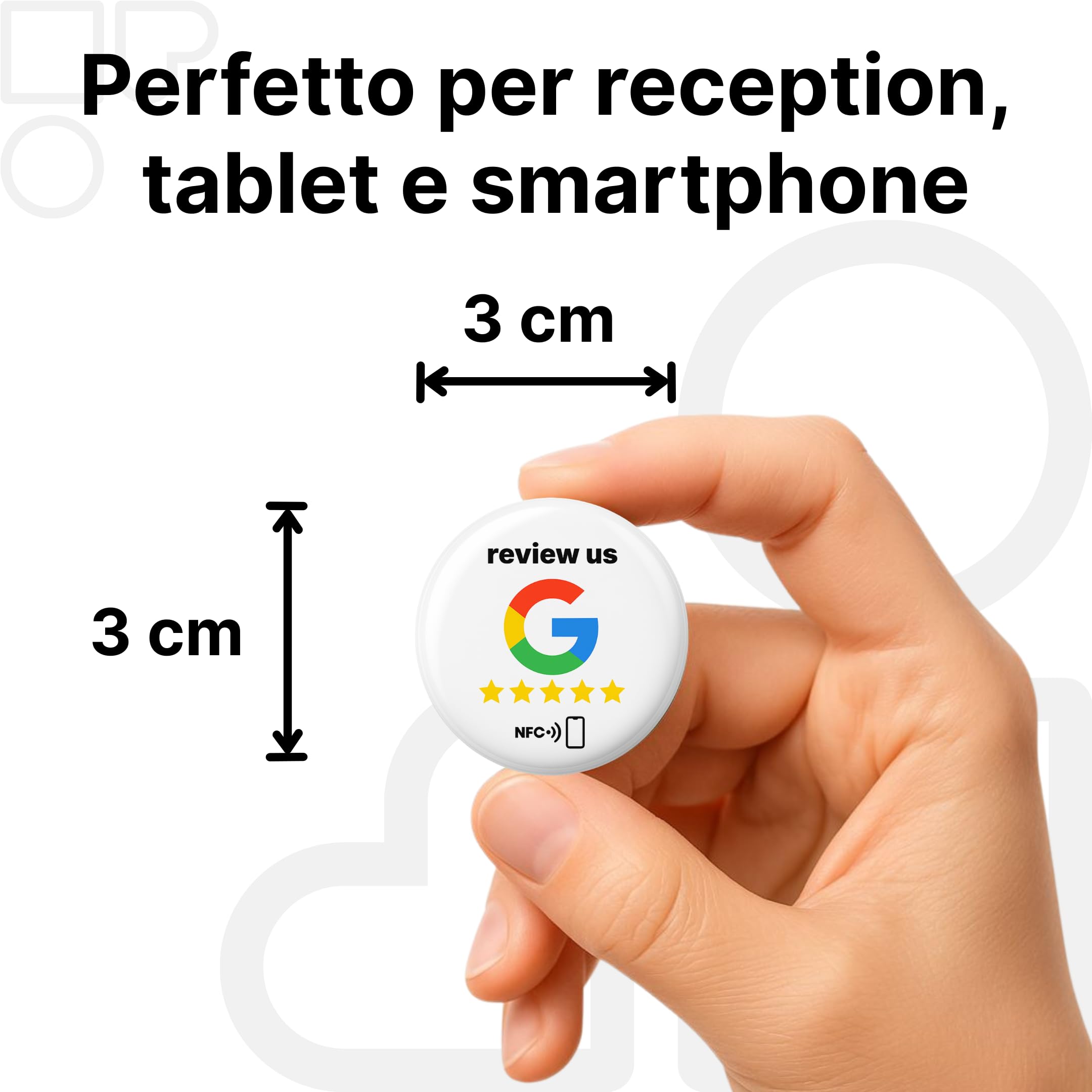 10 adesivi NFC "review us" – tag per Google Reviews – 3 cm, auto-programmabili, forte adesione – riutilizzabili e senza contatto – aumenta le valutazioni in più posizioni