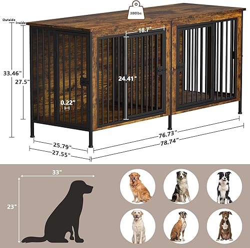 Miniatura 4 de EasyCom Mueble de jaula para perros de 78 pulgadas para 2 perros, jaula doble extragrande para perros de razas grandes, soporte de TV de madera
