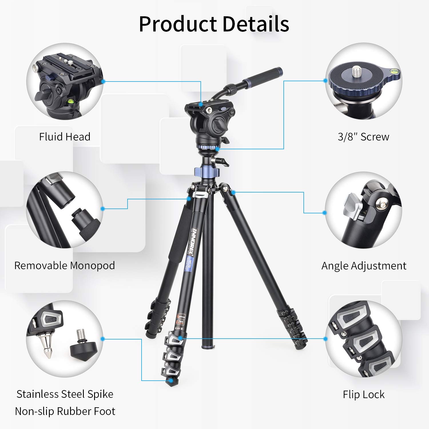 INNOREL MT70 Profesjonalny statyw do kamery wideo 183 cm, z głowicą do przesuwania płynu, 4-częściowy kompaktowy aluminiowy statyw z możliwością zamiany na monopod do lustrzanki cyfrowej, kamery wideo