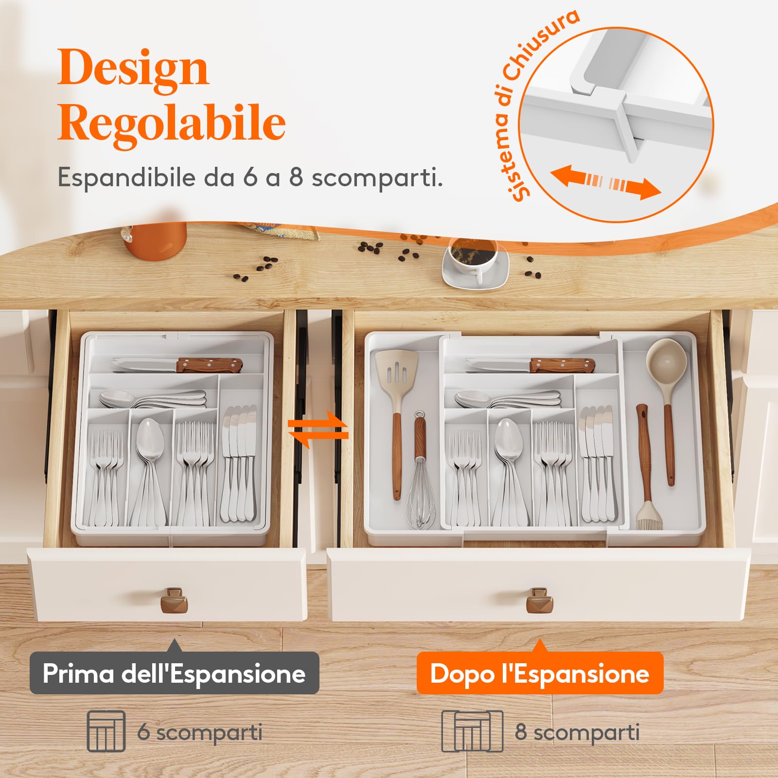 Lifewit Portaposate da Cassetto Espandibile, Larghezza 33-57 cm, Organizer Utensili per Cucina Salvaspazio, Accessori Cucina per Cucchiai, Forchette, Profondità 42,4 cm, Bianco