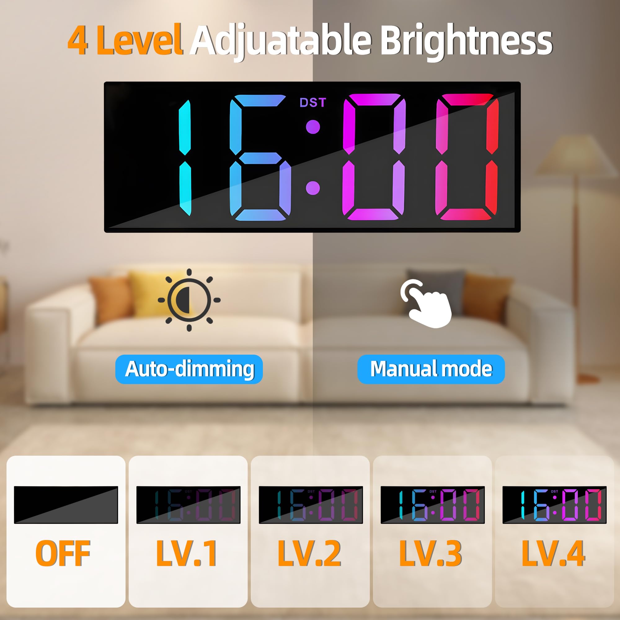 HAITANG Orologio da Parete Digitale - Orologio Digitale da Tavolo 12" con Dimmer Automatico della Luminosità RGB, Luci Notturne, LED 24/12 Ore per Scrivania, Camera da Letto, Ufficio e Soggiorno