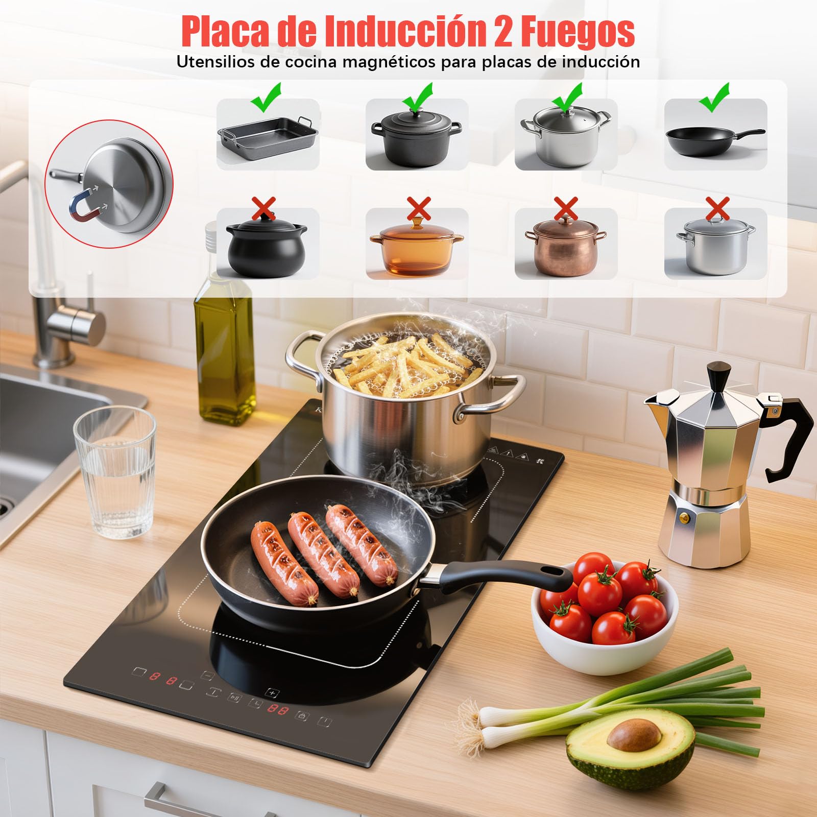 Placa Inducción 2 Fuegos con Enchufe, Induccion 3500 W con Zona Flexible