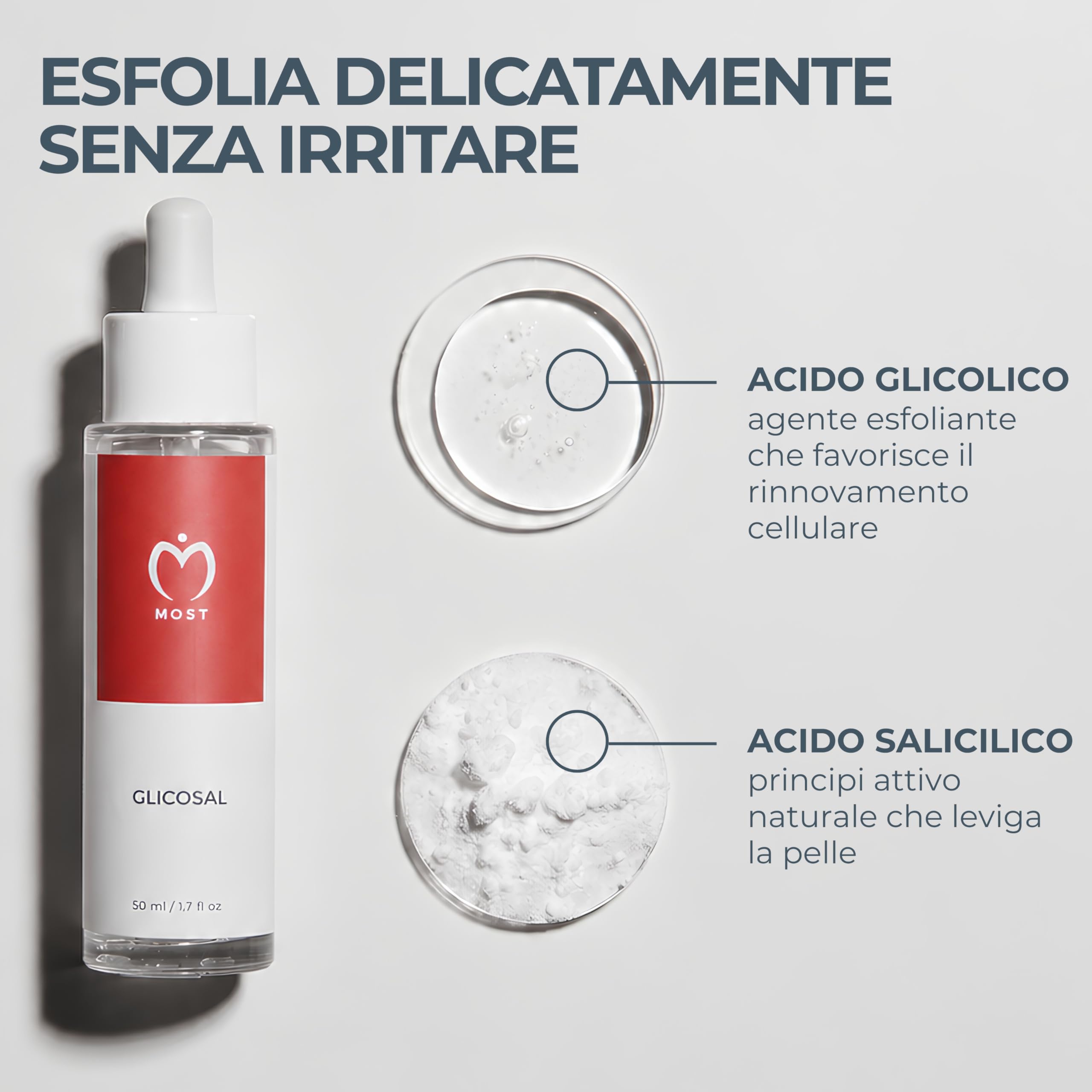 MOST - Glicosal Esfoliante Viso Micropeeling, Lozione con Acido Salicilico e Acido Glicolico - Delicata Azione Peeling Viso e Anti Macchie, Pelle a Tendenza Acneica, Impura, Melasma, Imperfezioni 50ml